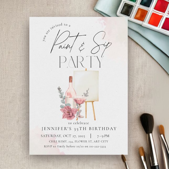 Invitation Peinture et sip Vin adulte Art Anniversaire (Paint and Sip Adult Wine Art Birthday Party Invitation)