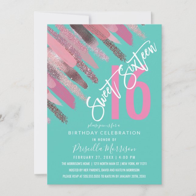 Invitation Peinture Parties scintillant fille brosse rose ros (Devant)