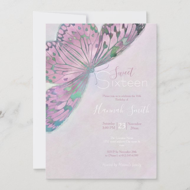 Invitation Peinture rose violet à papillon vert (Devant)
