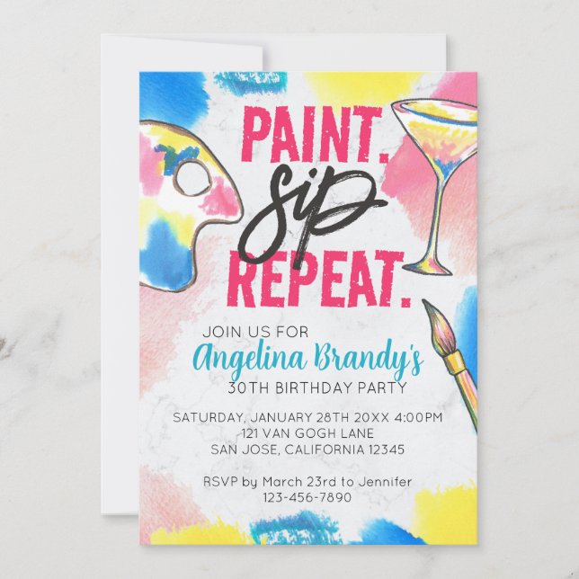 Invitation Peinture & Sip 30e anniversaire Art Party Marbre (Devant)