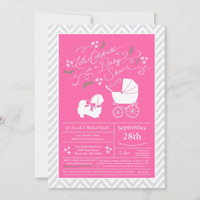 Invitation Pekingese Chien Baby shower fille rose (Devant)