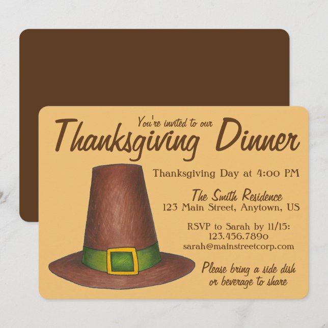 Invitation Pèlerin Brown Casquette Thanksgiving Dîner (Devant / Derrière)