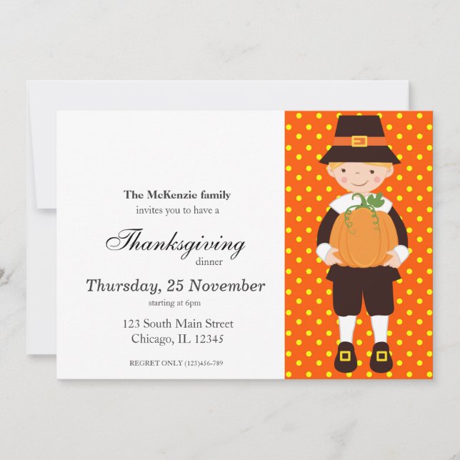 Invitation Pèlerin Enfants Thanksgiving dîner (Devant)