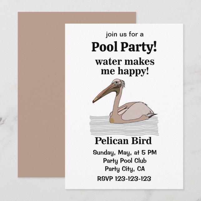 Invitation Pelican Bird Beach Pool Party (Devant / Derrière)