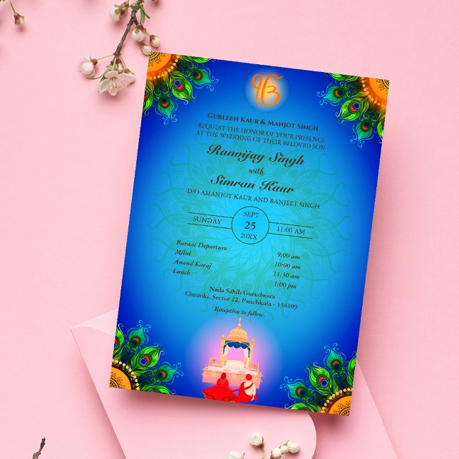 Invitation Pendjabi Sikh Mariage Anand Karaj Peacock (Créateur téléchargé)