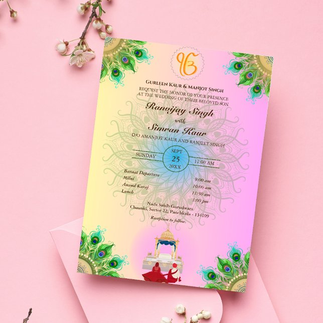 Invitation Pendjabi Sikh Mariage Anand Karaj Peacock (Créateur téléchargé)