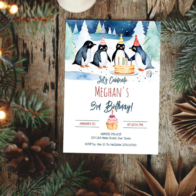 Invitation Penguin arctique anniversaire d'hiver éditable mod (Penguin arctic winter birthday editable template invitation digital download watercolor winter party)