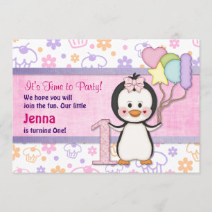 Invitation Penguin Cutie - Première Fille Anniversaire
