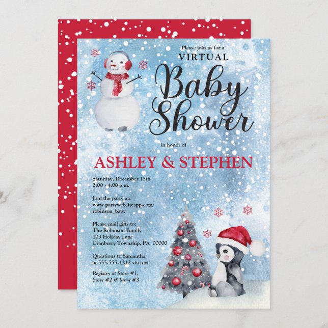 Invitation Penguin Snowman Winter Virtual Boy Baby shower (Devant / Derrière)