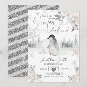 Invitation Penguin Winter Onederland Flocon de neige 1er anni