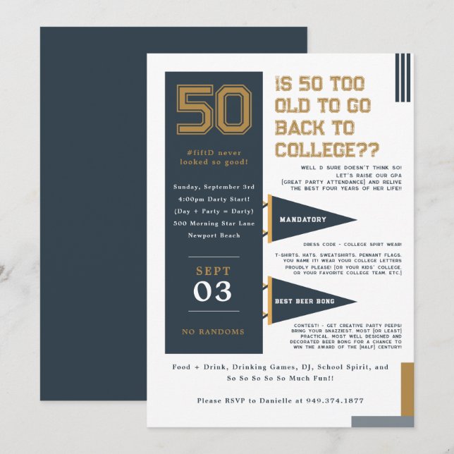 Invitation Pennants du collège | Blue & Gold 50th Birthday (Devant / Derrière)