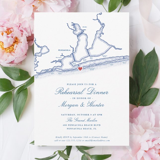 Invitation Pensacola Beach FL Dîner de répétition élégant (Pensacola Beach Wedding Rehearsal Dinner Invitations by Coastal Map Designs)
