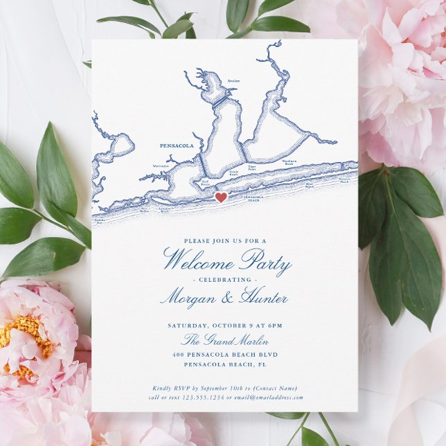 Invitation Pensacola Beach FL Soirée de bienvenue de mariage  (Pensacola Beach Wedding Welcome Party Invitations with elegant navy blue map by Coastal Map Designs)