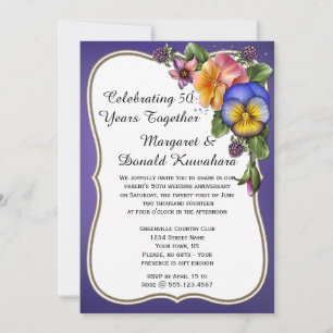 Invitation Pensées et cadre doré sur fond violet 50e annivers