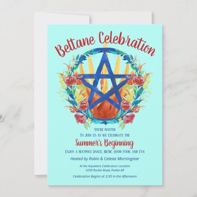 Invitation Pentacle de feu de Beltane été Floral Sabbat Party (Devant)