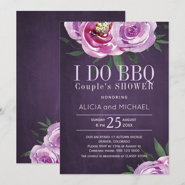 Invitation Peonées mauves violettes i do bbq couples douche (Devant / Derrière)