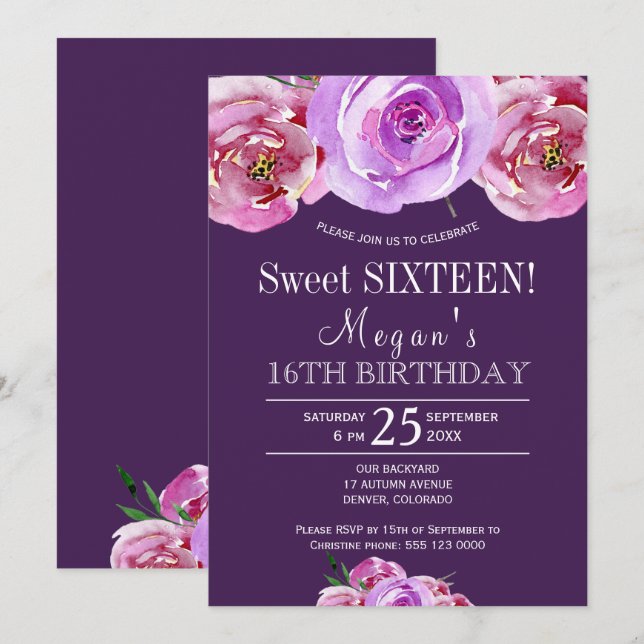 Invitation Peonées rose prune violet chic sweet sixteen flora (Devant / Derrière)