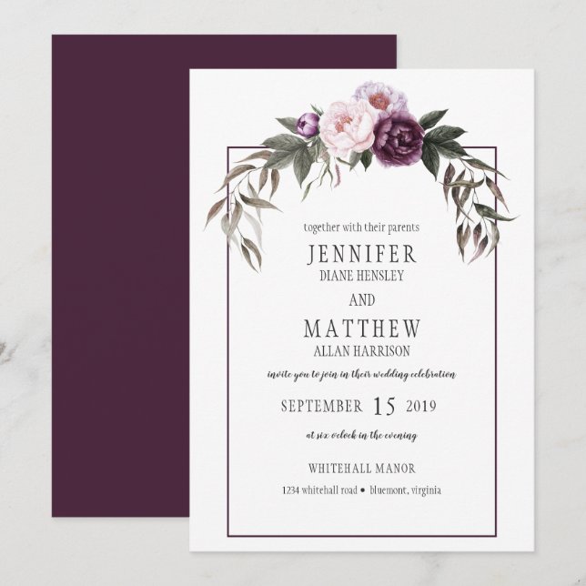 Invitation Peonées rose prune violette Mariages d'aquarelle # (Devant / Derrière)