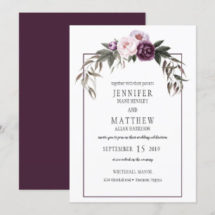 Invitation Peonées rose prune violette Mariages d'aquarelle #