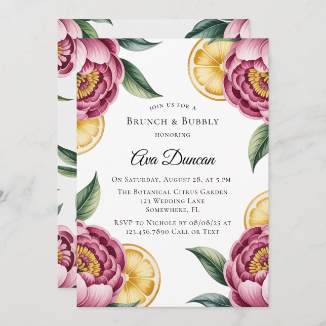 Invitation Peonées roses et citron brunch et Bubbly (Devant / Derrière)