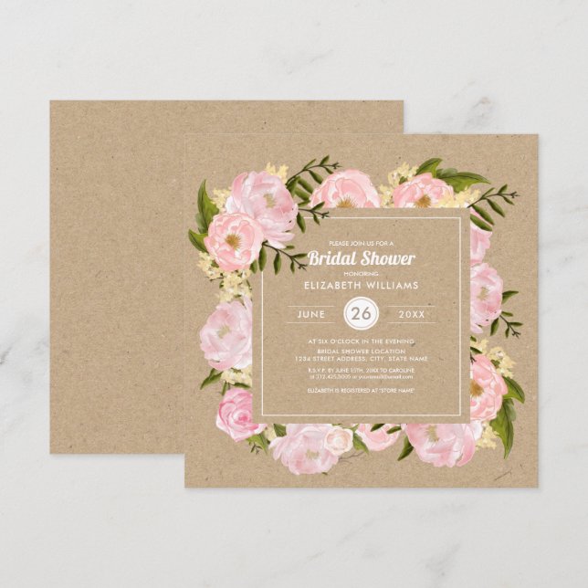 Invitation Peonie rose pâle Kraft papier Fête des mariées rus (Devant / Derrière)