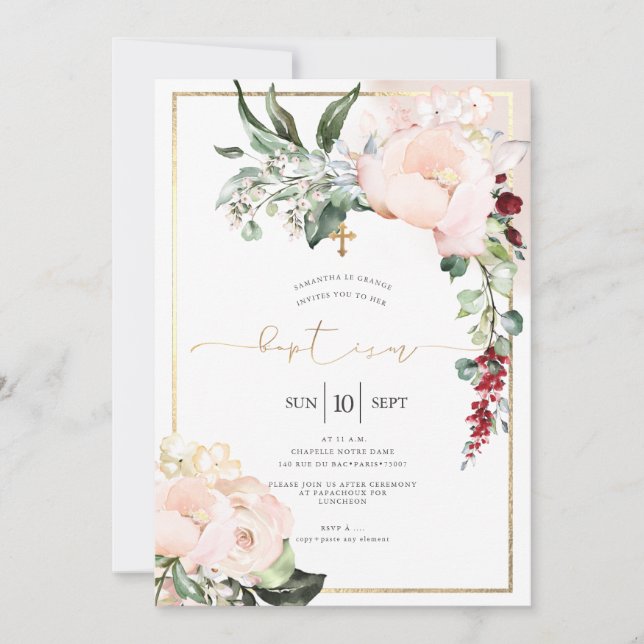 Invitation Peonies blanches Aquarelle Fleurs Baptême (Devant)