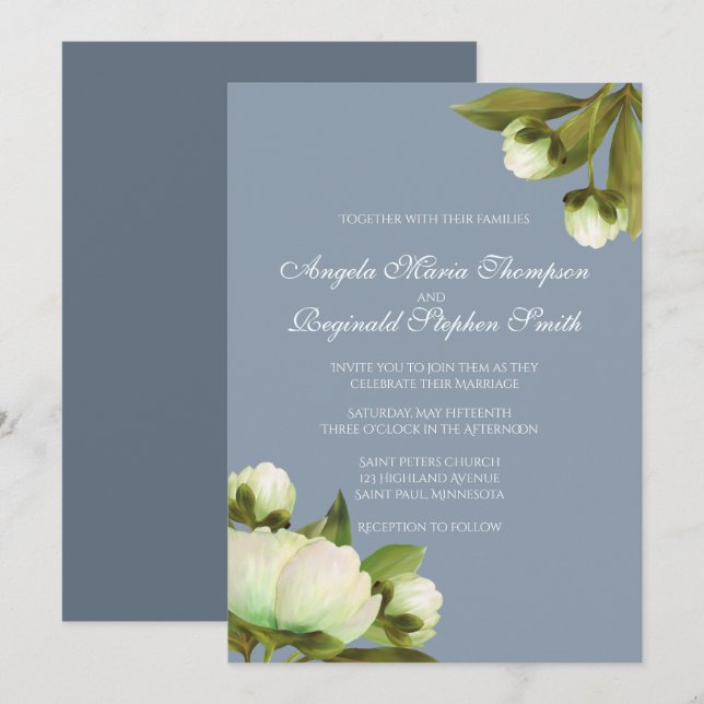 Invitation Peonies blanches avec bleu Dusty (Devant / Derrière)