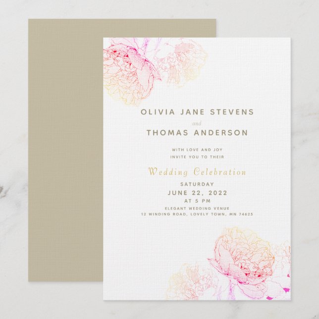 Invitation Peonies Blush Gold Élégant Mariage classique moder (Devant / Derrière)