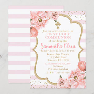 Invitation Peonies Blush Rose & Or Première Communion sainte