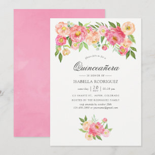 Invitation Peonies d'aquarelle rose pastel Quinceañera