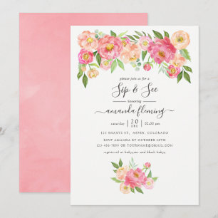Invitation Peonies d'aquarelle rose Pastel Sip et voir