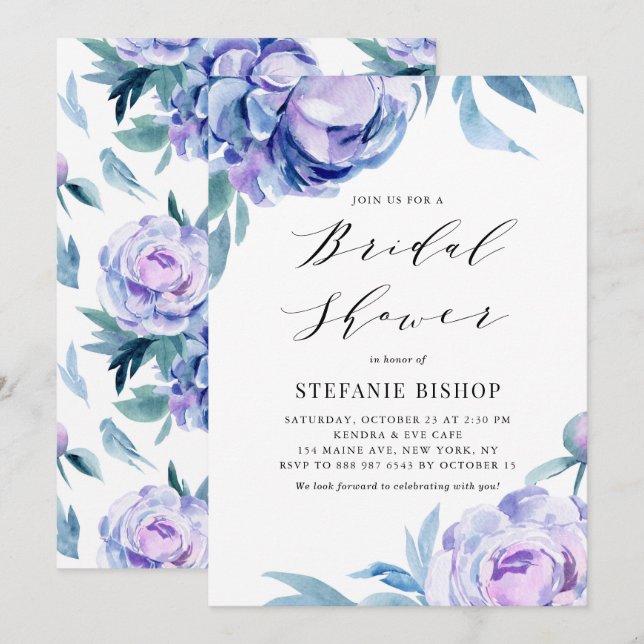Invitation Peonies d'aquarelle violet Fête des mariées floral (Devant / Derrière)