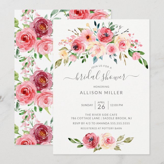 Invitation Peonies de printemps Rose Fête des mariées florale (Devant / Derrière)
