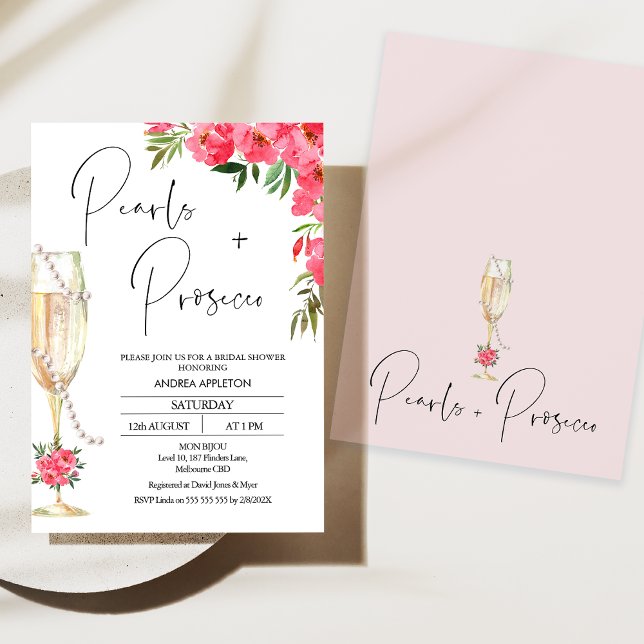 Invitation Peonies de verre moderne Perles Fête des mariées P (Modern Red Floral Pearls and Prosecco Bridal Shower Invitation, Champagne Glass and Pearls Bridal)