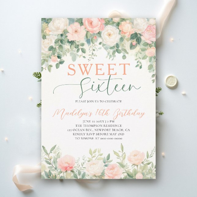 Invitation Peonies Floral Peach Pink Script Elegant Sweet 16 (sweet sixteen birthday party invitation peony floral peach pink green script elegant classy)