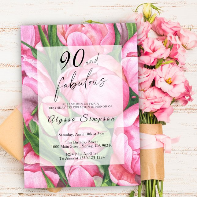 Invitation Peonies Floral Rose 90e fête d'anniversaire (Créateur téléchargé)