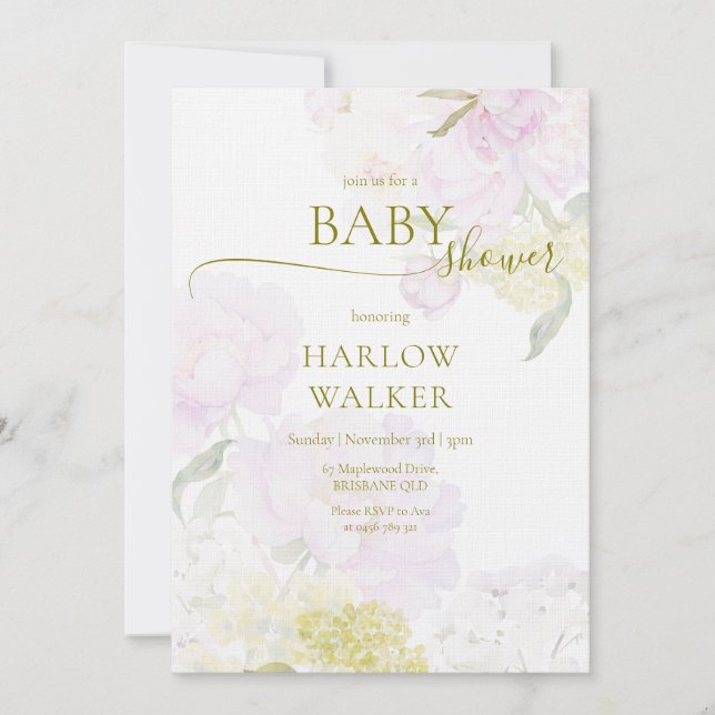 Invitation Peonies Hydrangea Pastel Baby shower d'aquarelle (Devant)