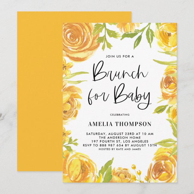 Invitation Peonies jaunes et Rose Floral Wreath Baby Brunch (Devant / Derrière)