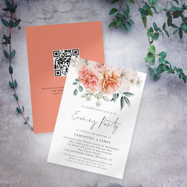 Invitation Peonies Peach Coral Qr Code Mariage Soirée (Front and back view)