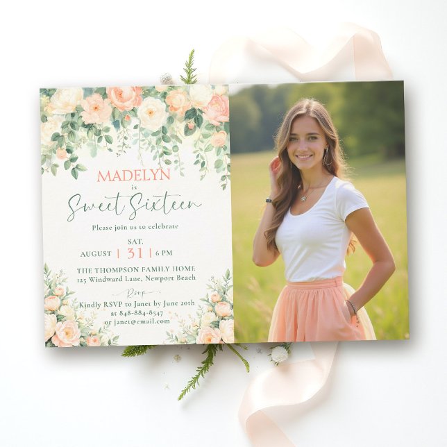 Invitation Peonies Pink Peach Elegant Script Photo Sweet 16 I (sweet sixteen birthday invitation peony floral peach pink green script elegant classy photo chic)