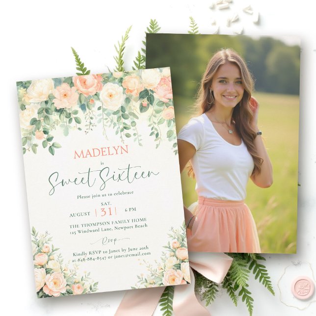 Invitation Peonies Pink Peach Script Elegant Photo Sweet 16 (sweet sixteen birthday invitation peony floral peach pink green script elegant classy photo)