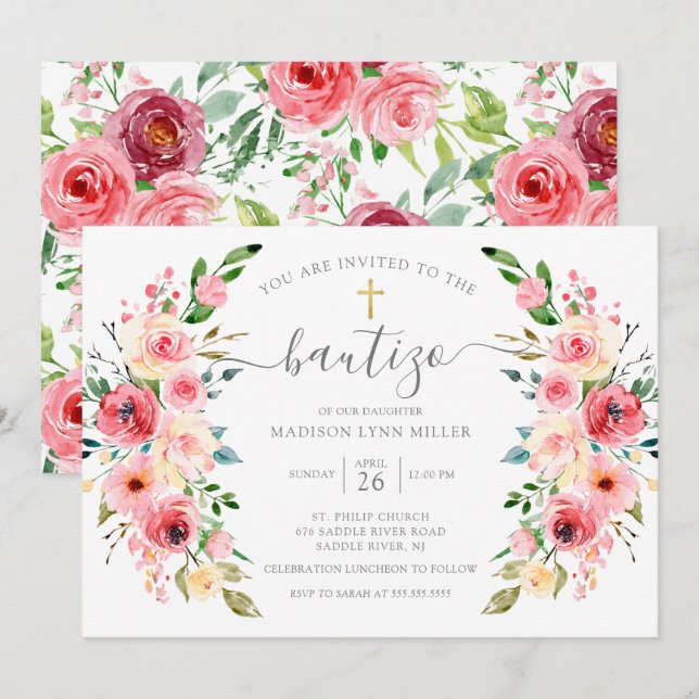 Invitation Peonies Rose Floral Espagnol Baptême (Devant / Derrière)