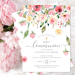 Invitation Peonies Rose Floral Première communion