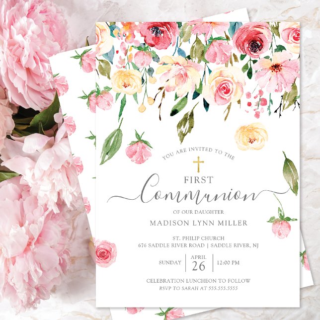 Invitation Peonies Rose Floral Première communion (Créateur téléchargé)