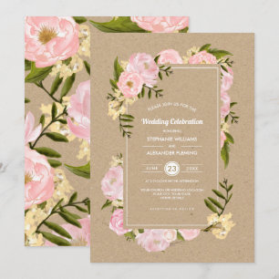 Invitation Peonies rose pâle Kraft papier Mariage rustique