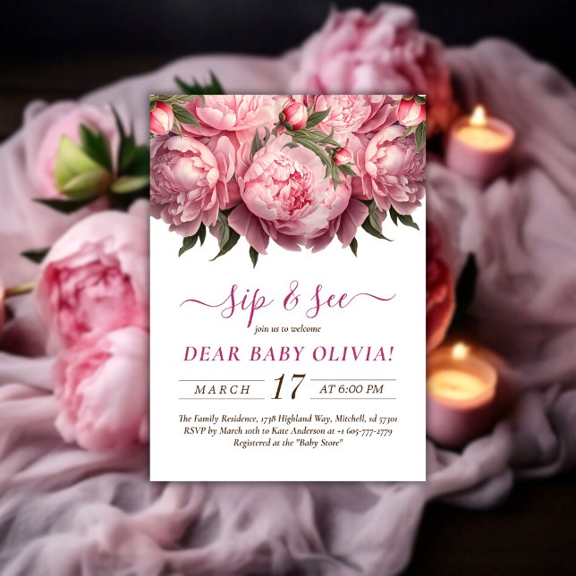 Invitation Peonies roses Aquarelle Sip et voir l'invitation (Pink Peonies Watercolor Sip and See Invitation)