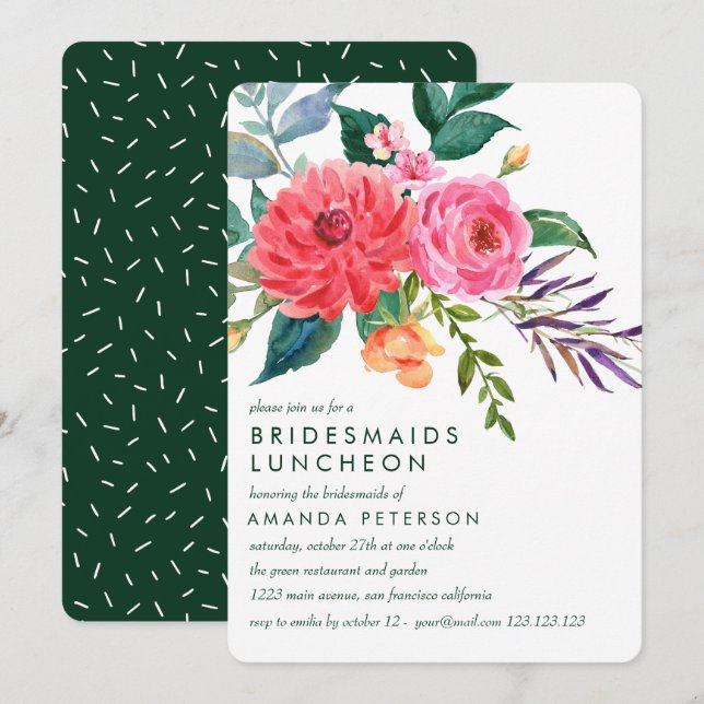 Invitation Peonies roses Bridesmaids de verdure Mariage de dé (Devant / Derrière)