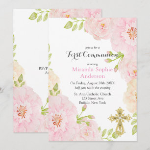 Invitation Peonies roses Croix d'or Première communion