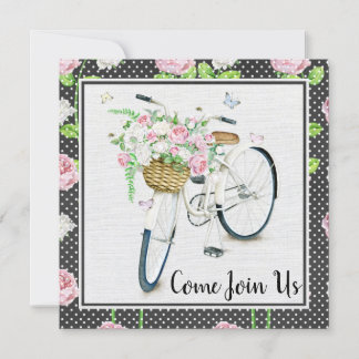 Invitation Peonies roses et Bicyclette blanche fête d'anniver