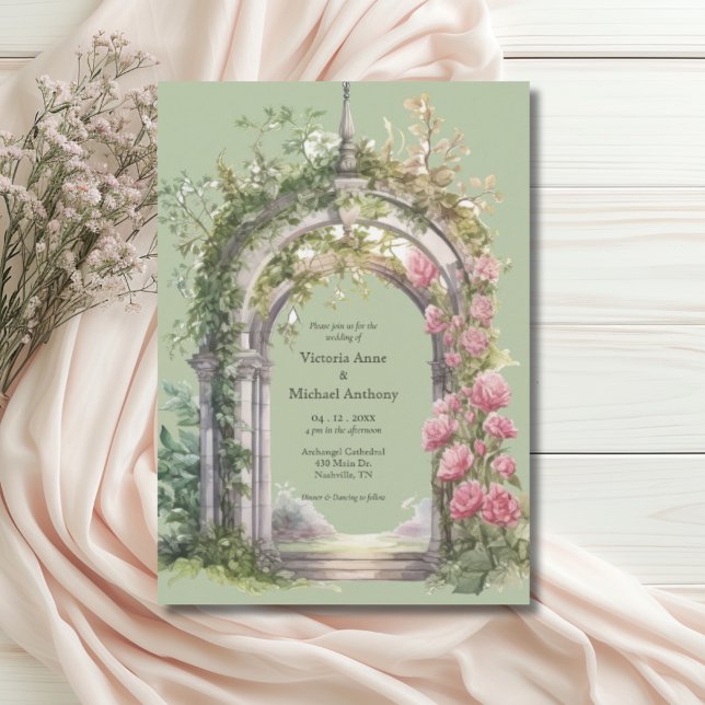 Invitation Peonies roses Mariage Arc de verdure Sage (Créateur téléchargé)